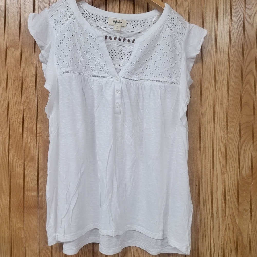 Cottagecore Womens White Eyelet Flutter Sleeve Top Large Peasant Bohemian